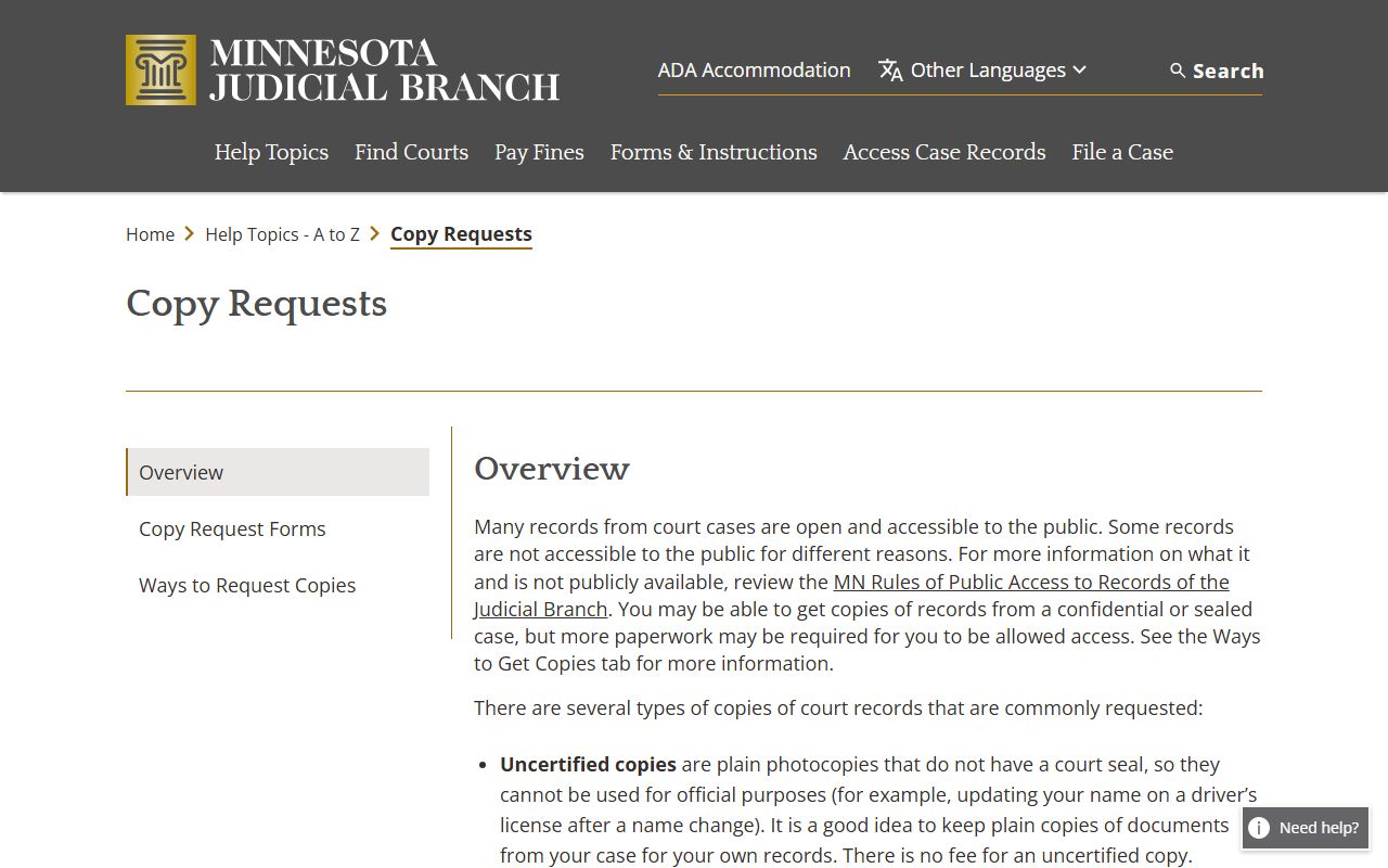 Pennington County Court Administrator court copy request overview