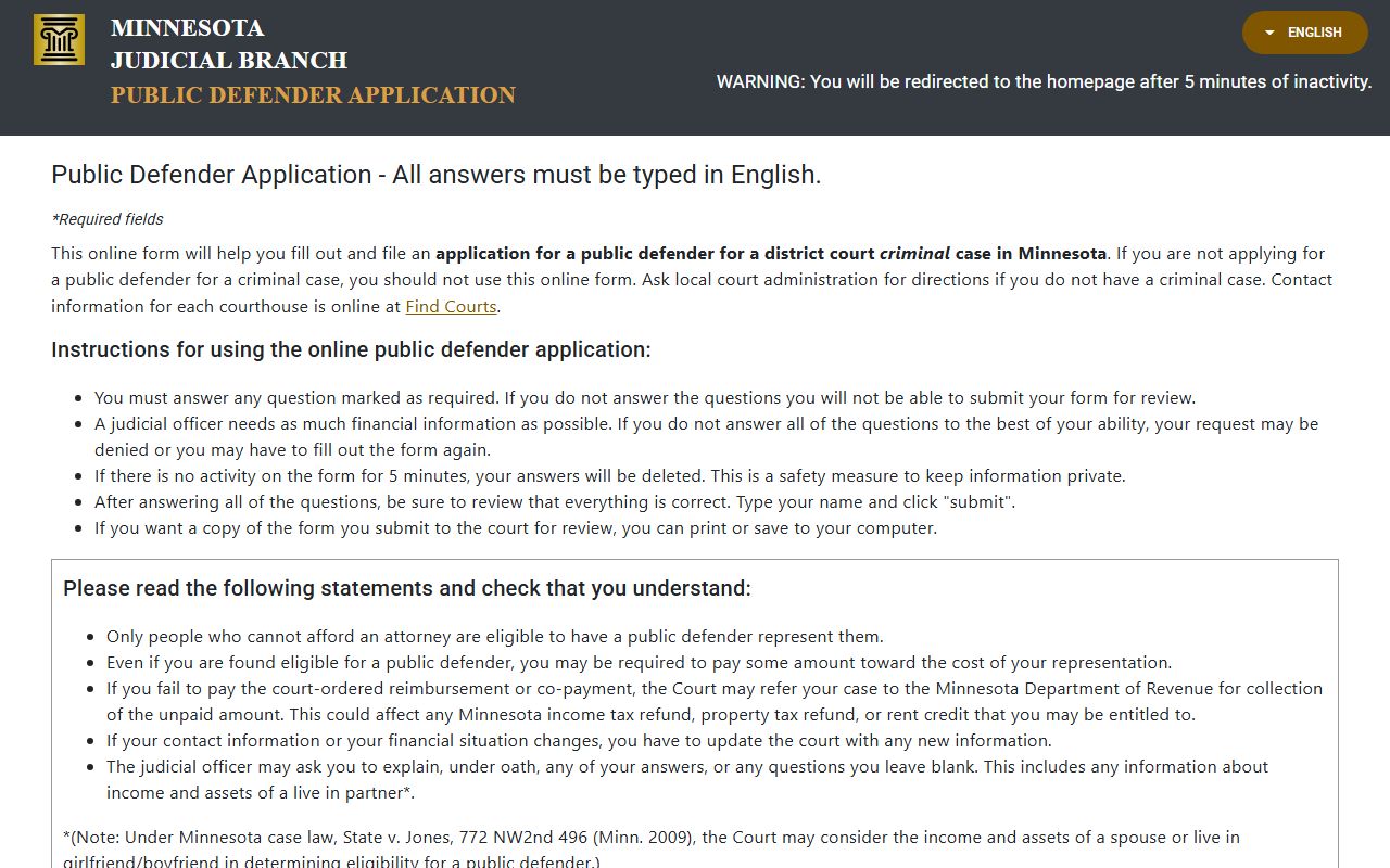 Minnesota online public defender application