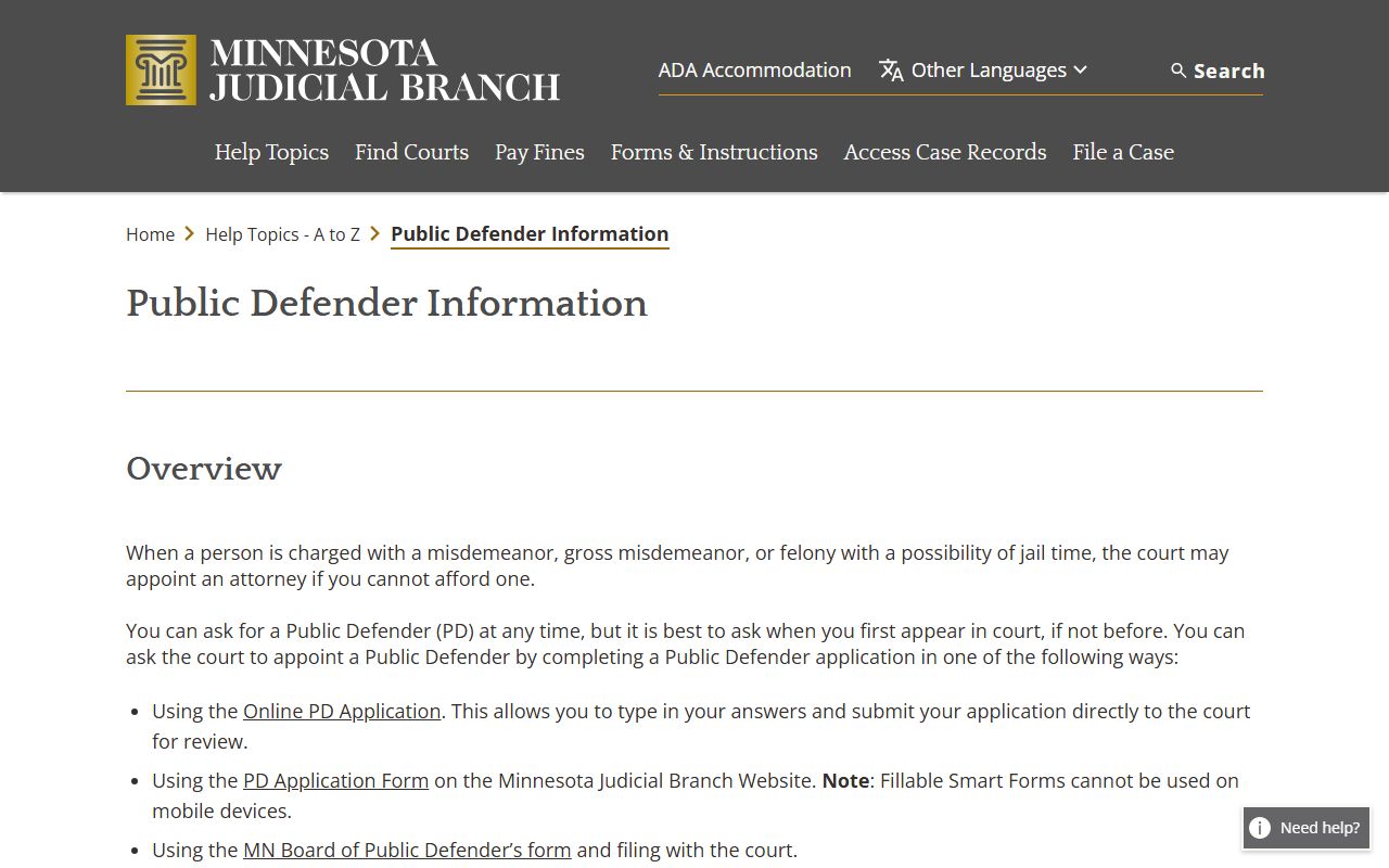 Minnesota Judicial Branch public defender overview