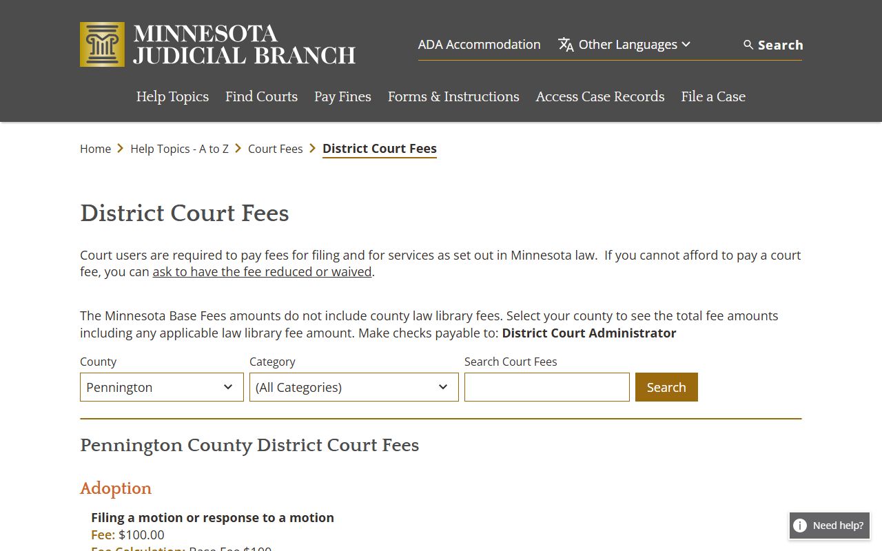 Pennington County court records district court fee schedule