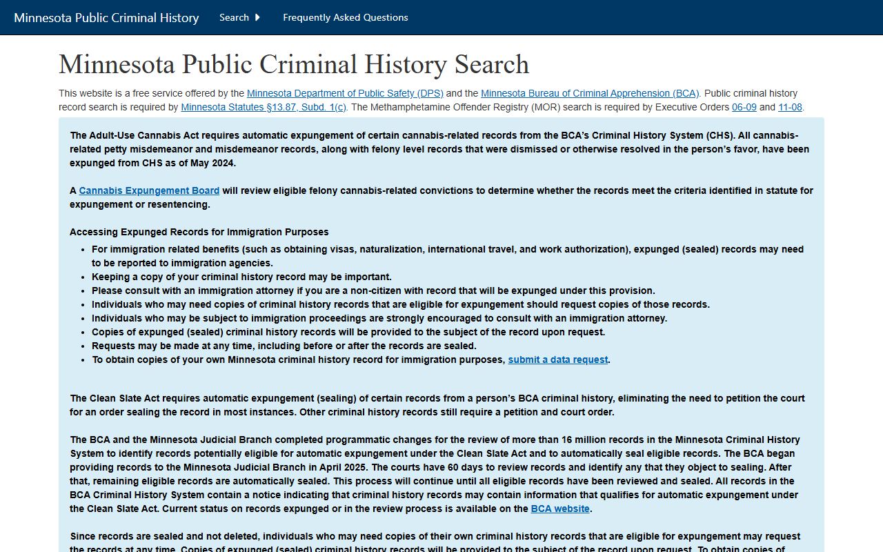 Minnesota BCA public criminal history search portal