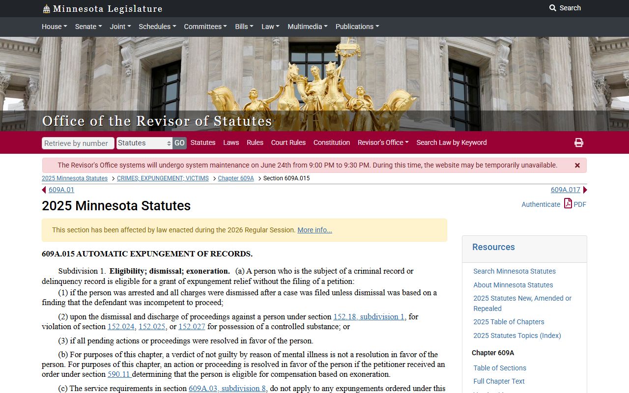 Minnesota Clean Slate automatic expungement statute