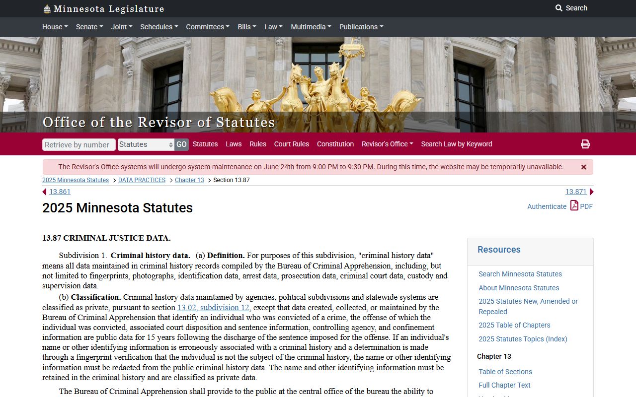 Minnesota criminal history data statute