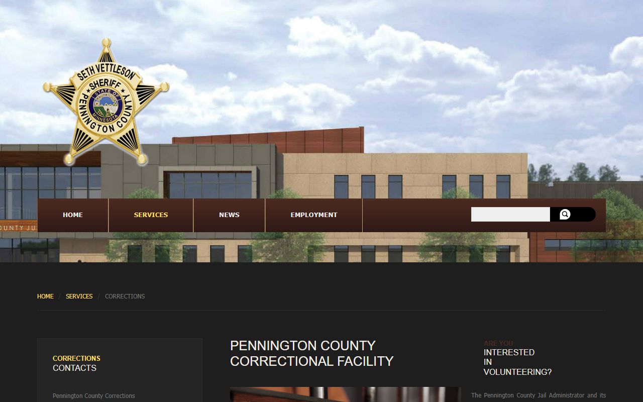 Pennington County Corrections page with jail information