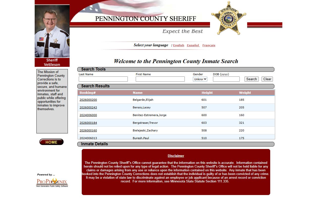 Pennington County inmate locator search interface