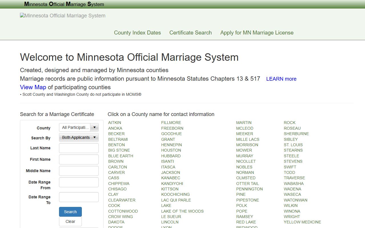 Minnesota Official Marriage System entry point