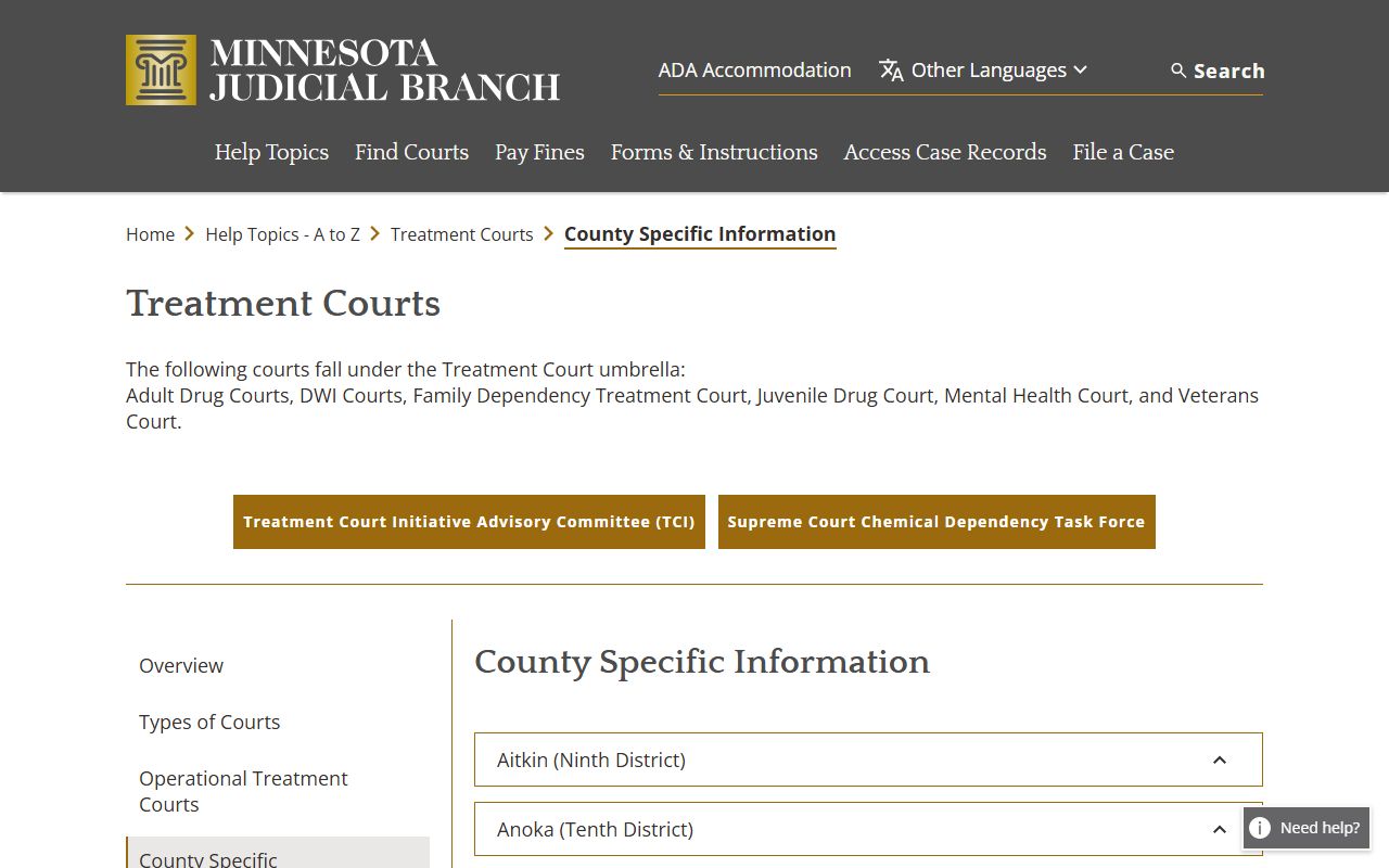 Minnesota county-specific treatment court list with Pennington entries