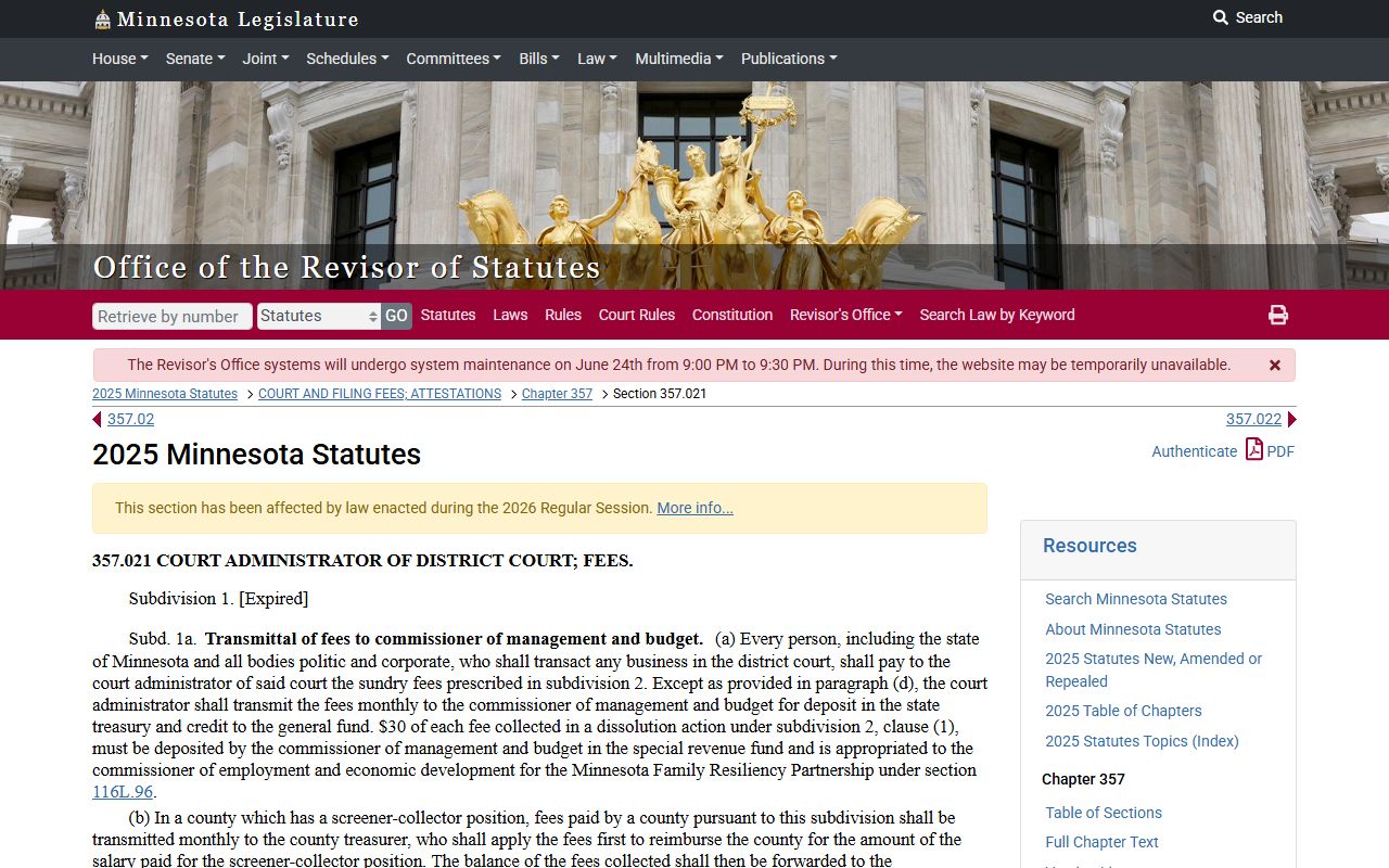 Minnesota district court fee statute